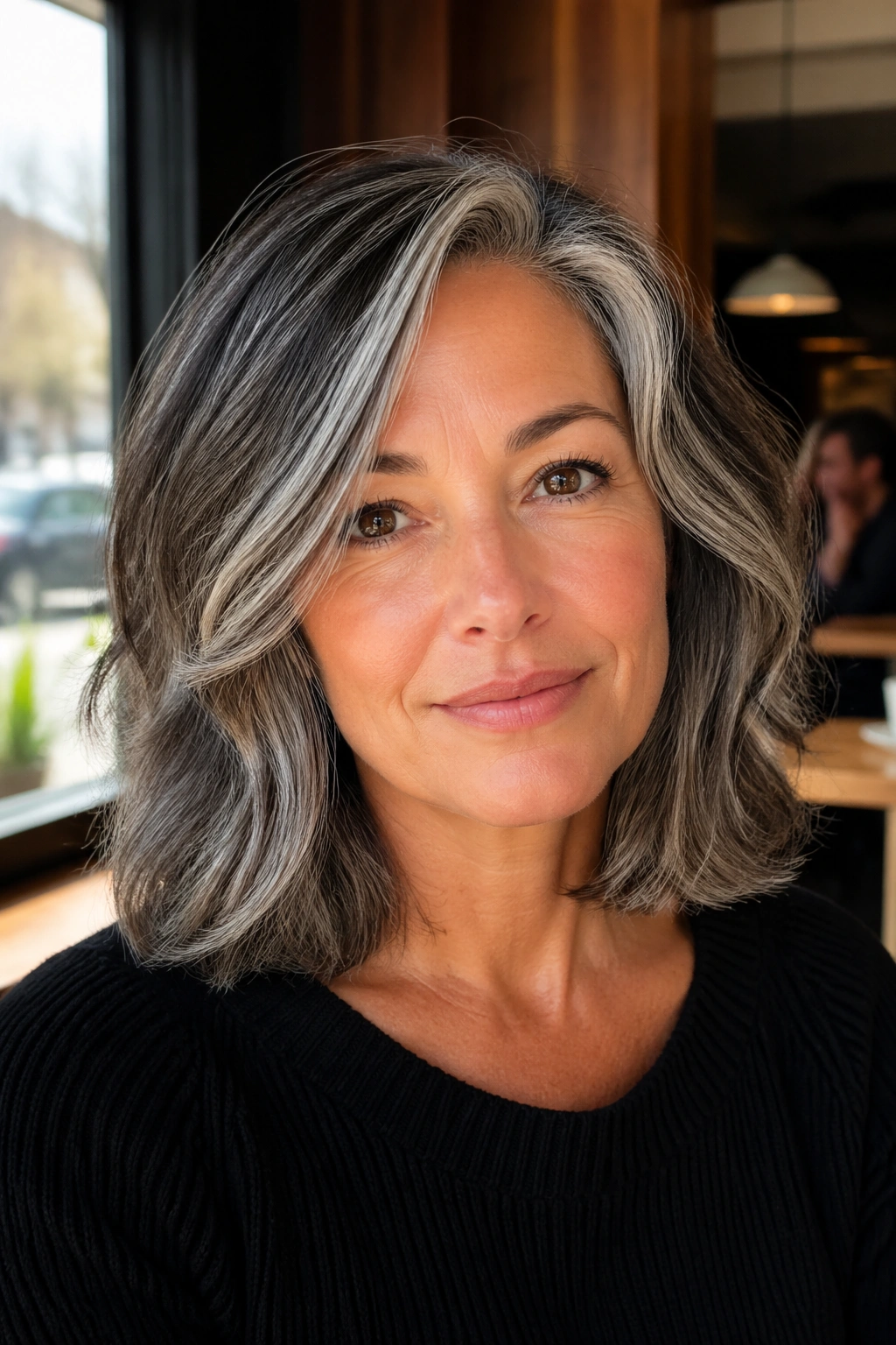 Portrait of a real woman with salt-and-pepper long bob and natural texture