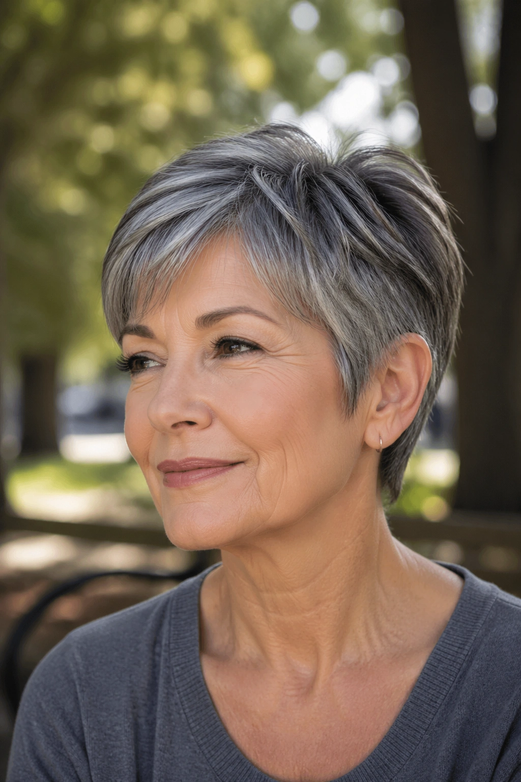 Close-up portrait of a woman with a salt-and-pepper pixie bob