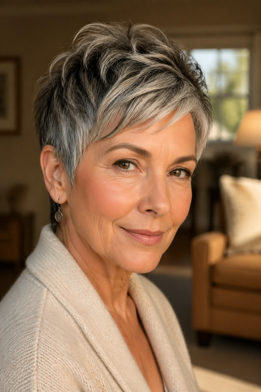 Real woman with salt-and-pepper dimensional pixie hairstyle