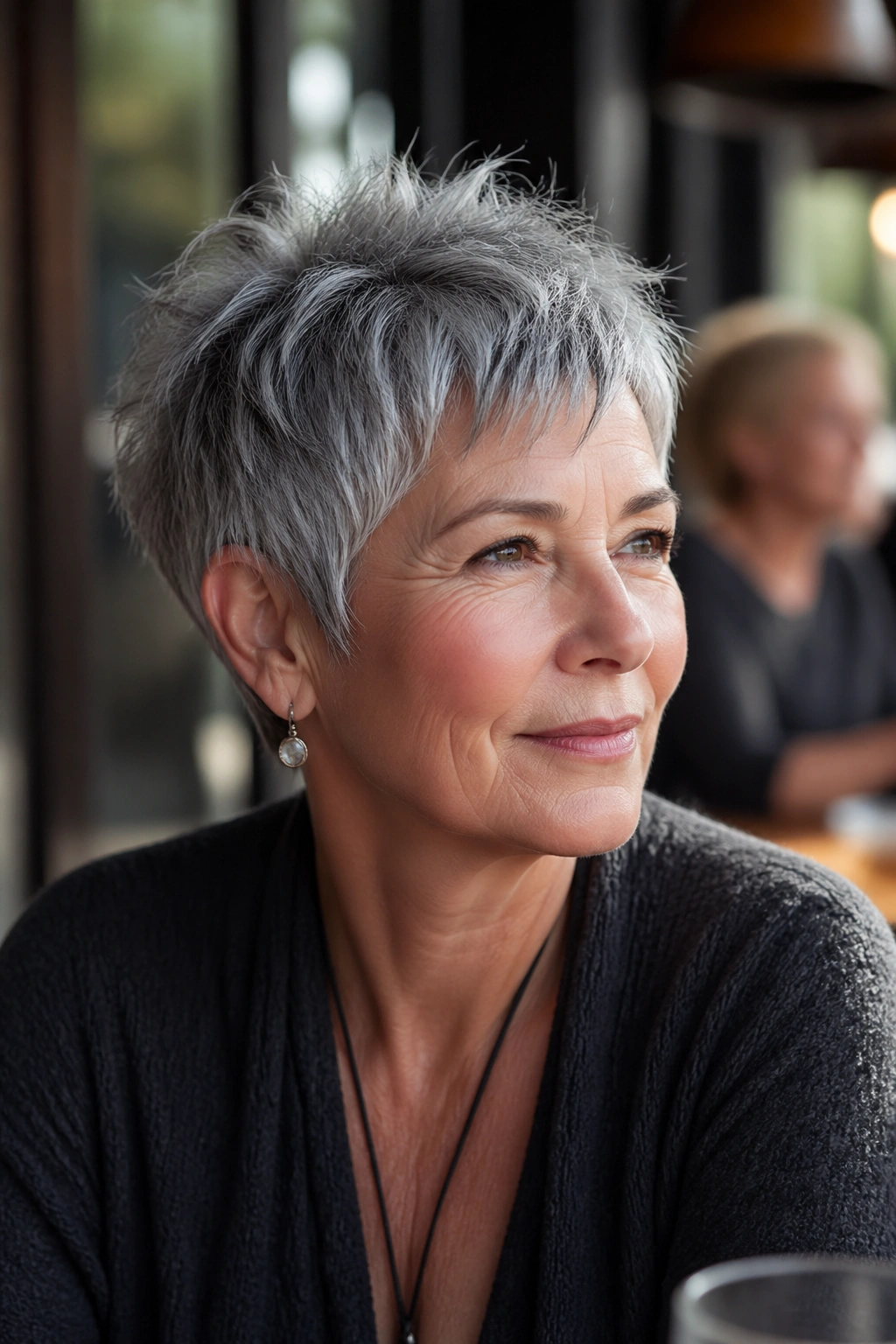 Close-up of older woman with salt-and-pepper pixie in natural light