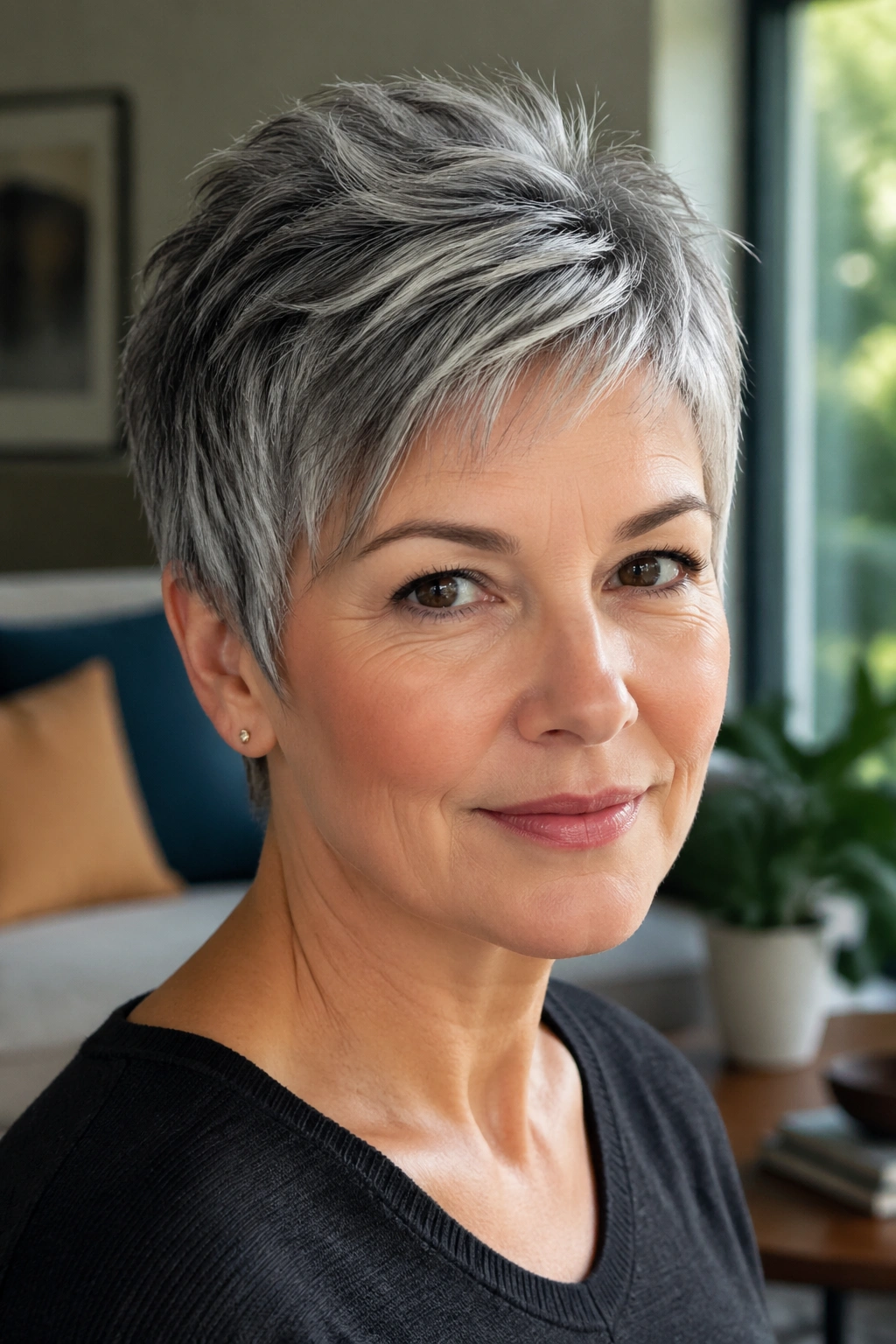 Close-up of a real woman with a salt-and-pepper pixie showcasing soft layers and shine.