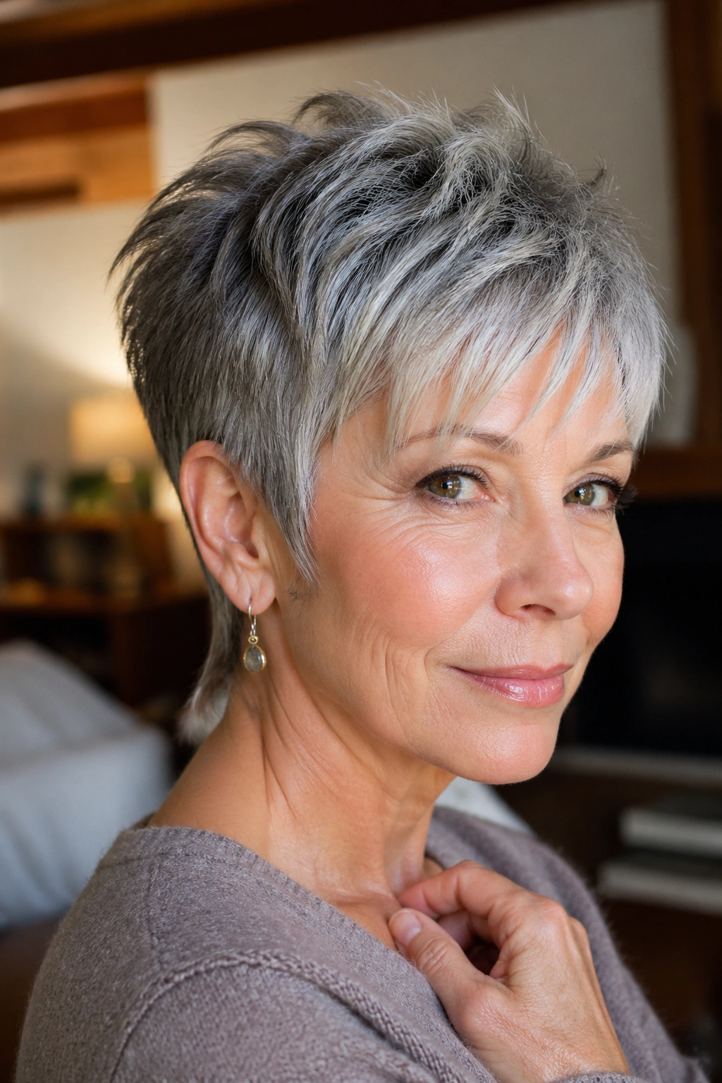 Close-up of real woman with salt-and-pepper pixie and wispy nape in warm home light