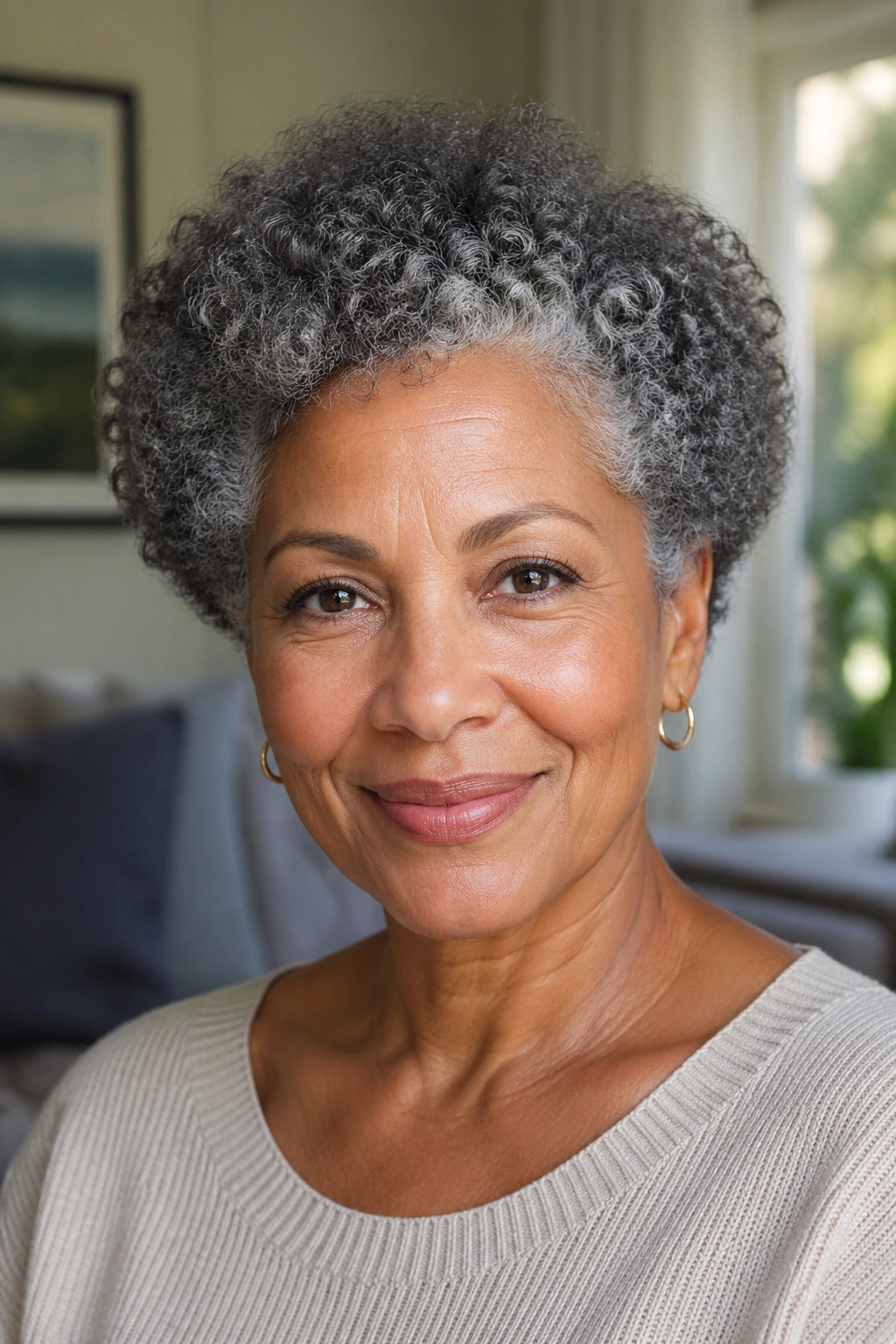 Close-up portrait of a real woman with salt-and-pepper rounded Afro crop