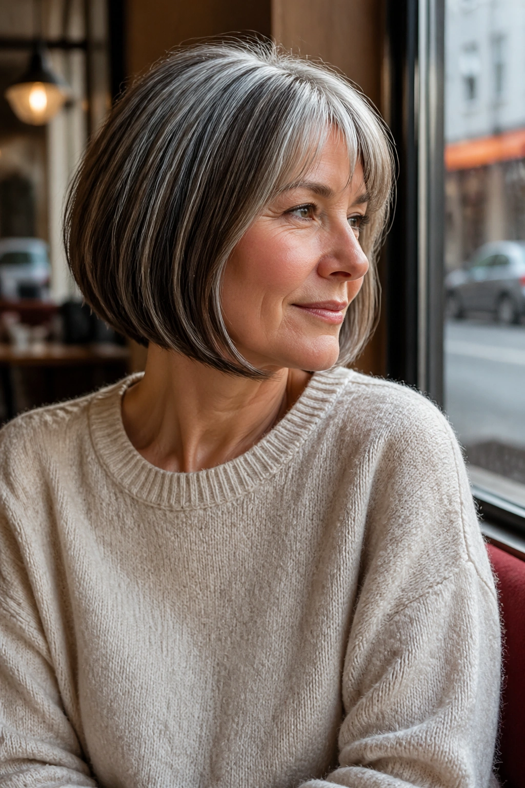 Portrait of a woman with a salt-and-pepper French bob and coffee bean streaks under the top layer in a cafe setting