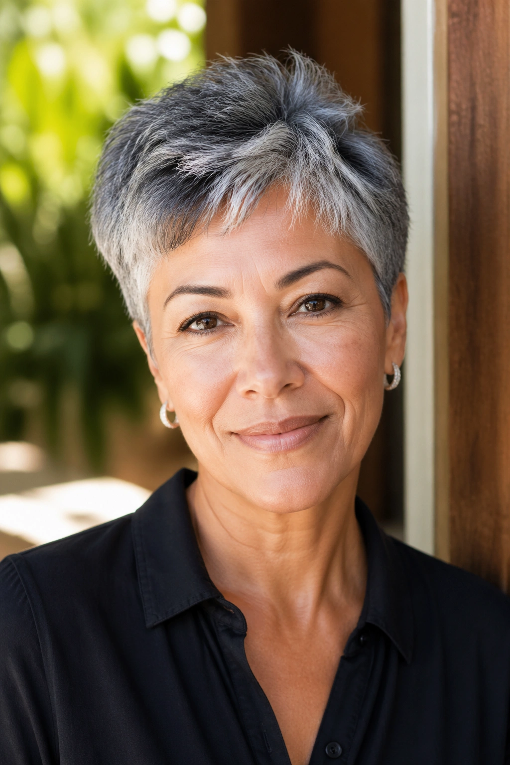 Close-up portrait of a real woman with a salt-and-pepper pixie.