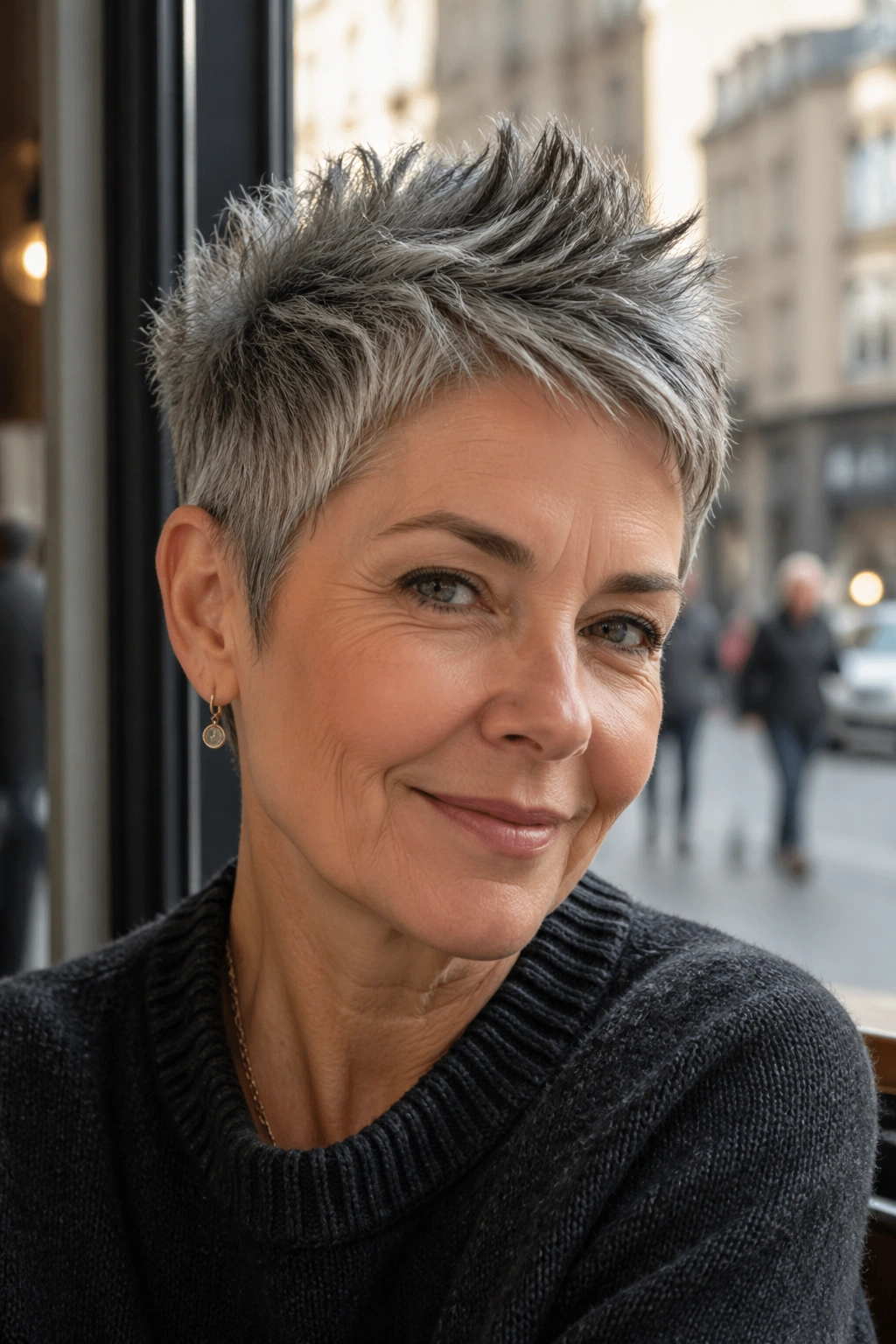Close-up of a real woman with Salt-and-Pepper Spiky Pixie under cafe window light