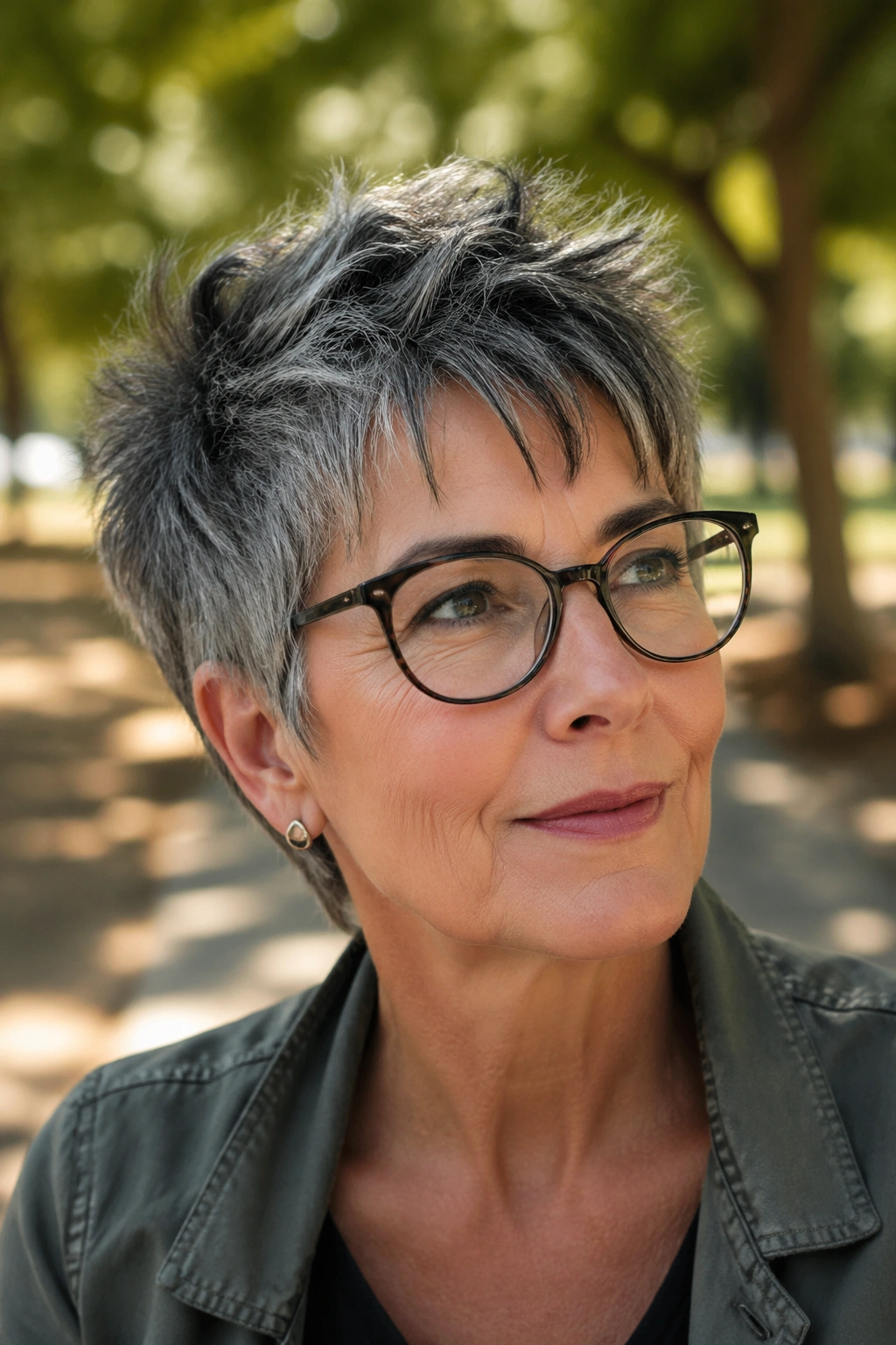 Close-up of a real woman's salt-and-pepper shaggy pixie in an outdoor setting