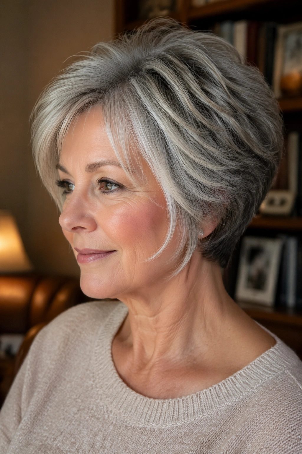Close-up of a real woman with salt-and-pepper wedge showing dimensional color