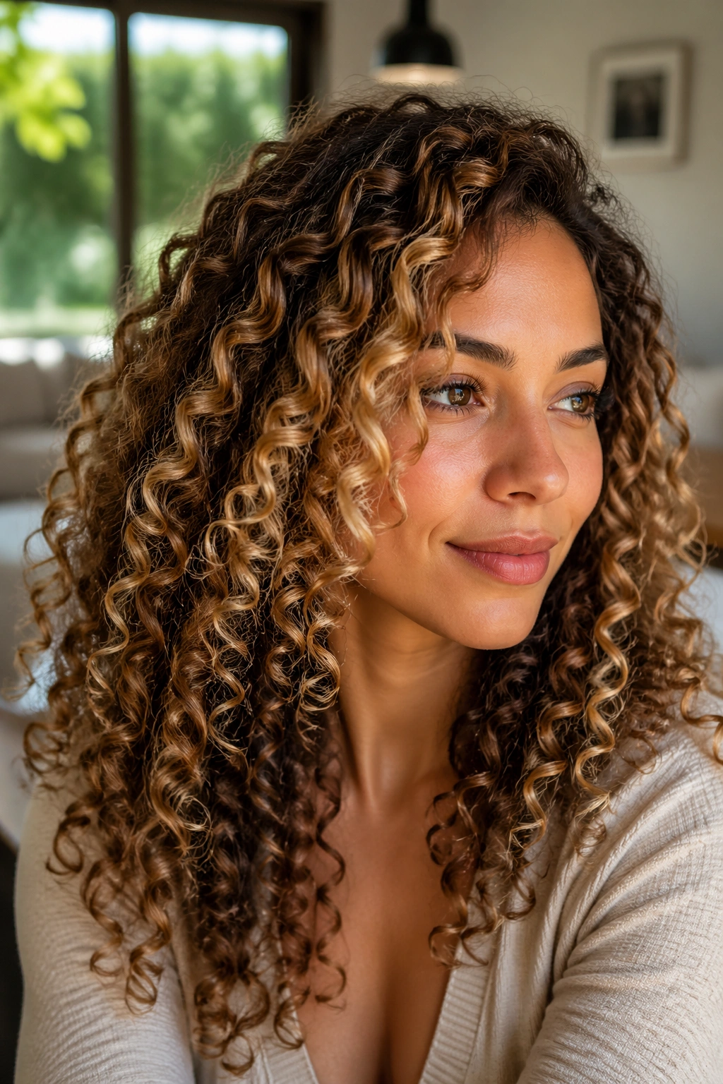 Close-up of a woman with salted caramel balayage on curly hair, defined ringlets and face-framing highlights.