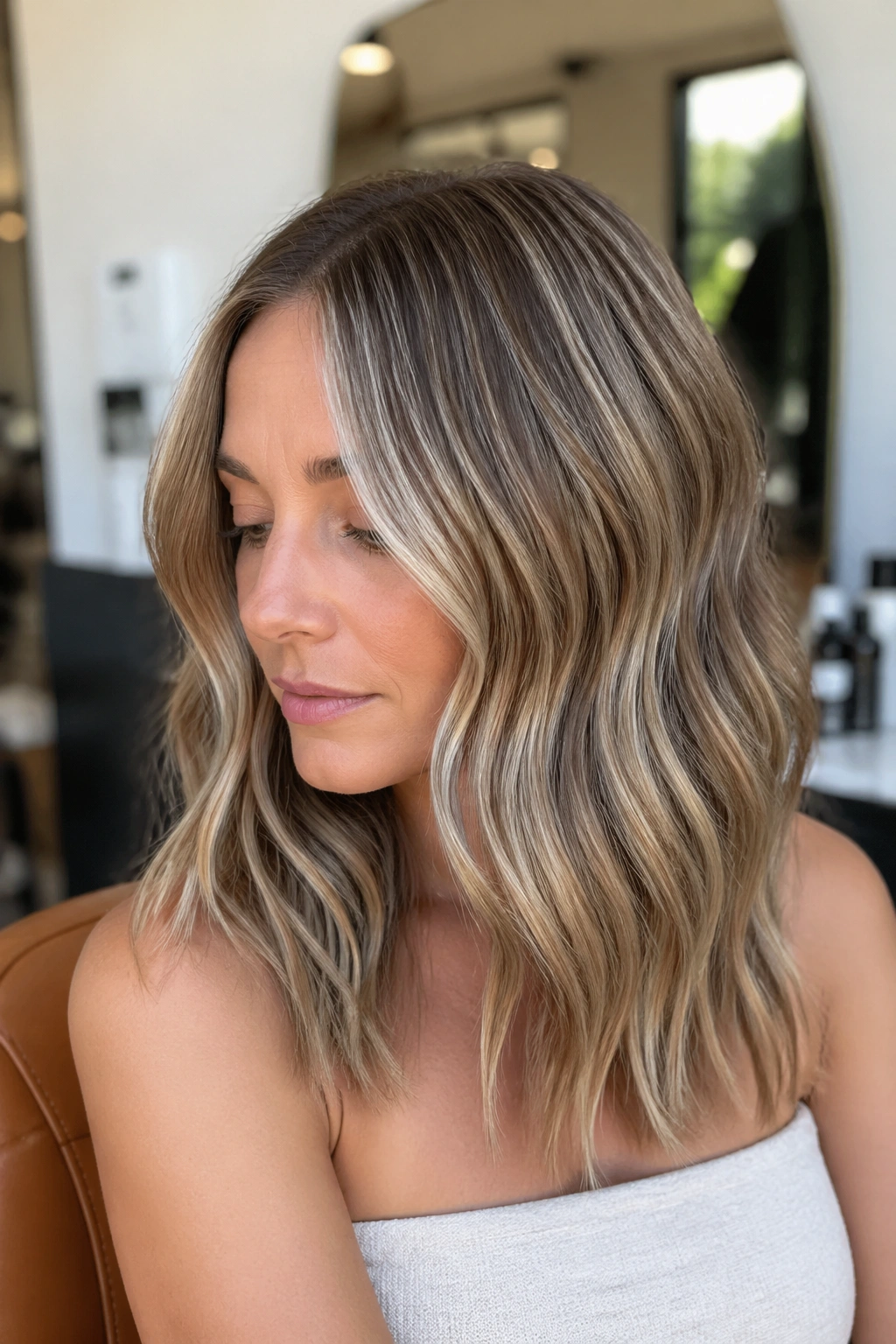 Portrait of a woman with sandy ash micro-babylights in cool-toned hair.