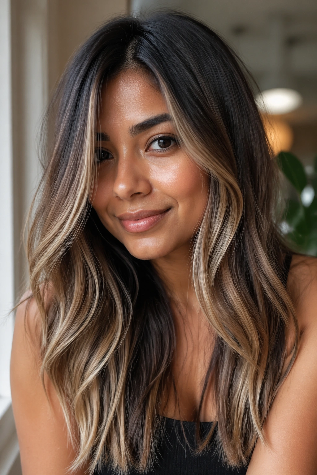Real woman with sandy beige balayage on medium brown hair near a window