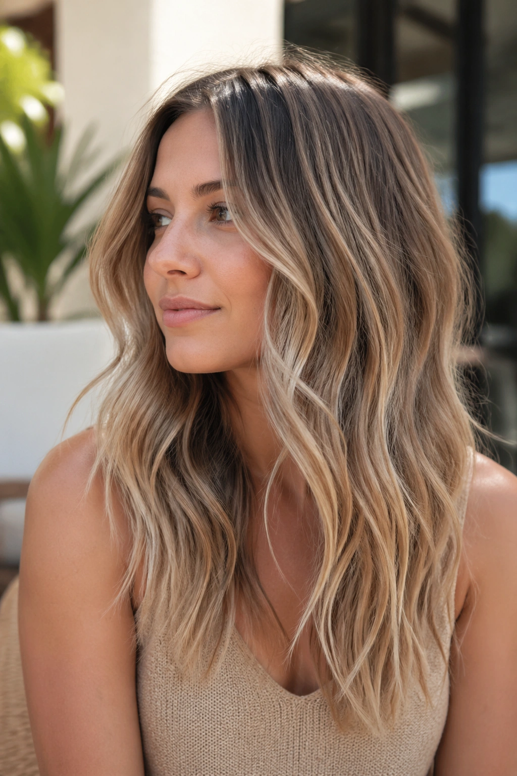 Real woman with sandy beige balayage on air-dried waves