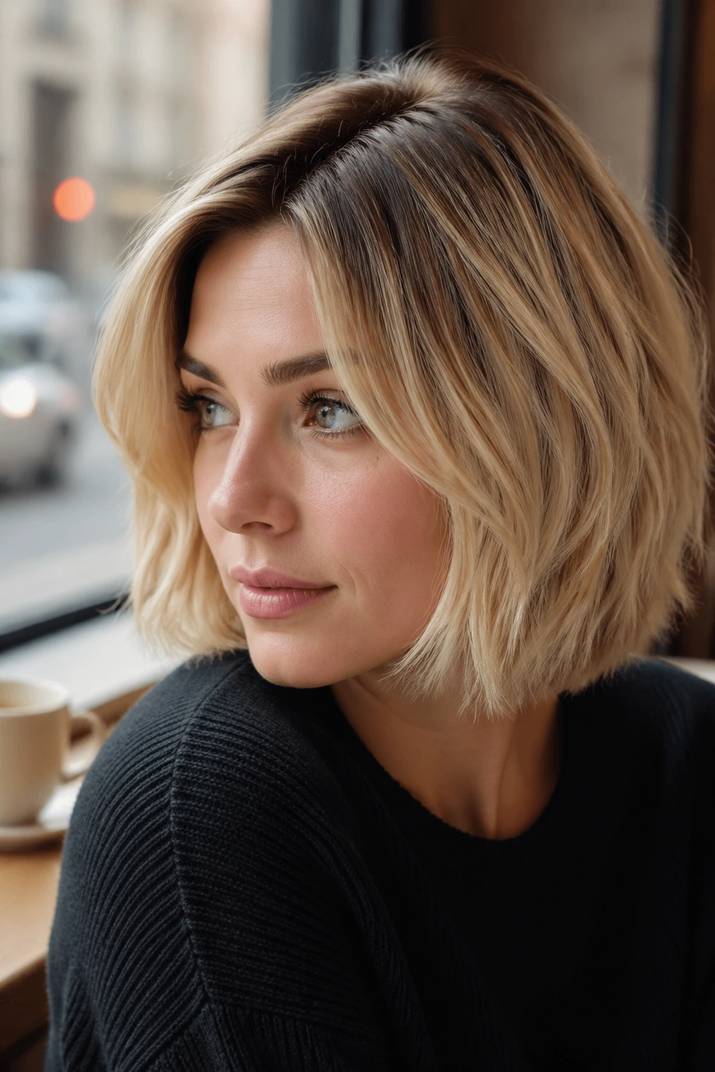 Portrait of a woman with sandy blonde bob and shadowed part line.