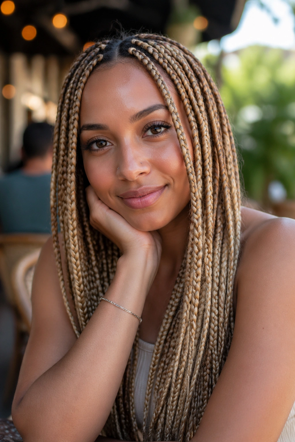 Close-up of a real woman with sandy and honey blonde knotless braids, outdoors.