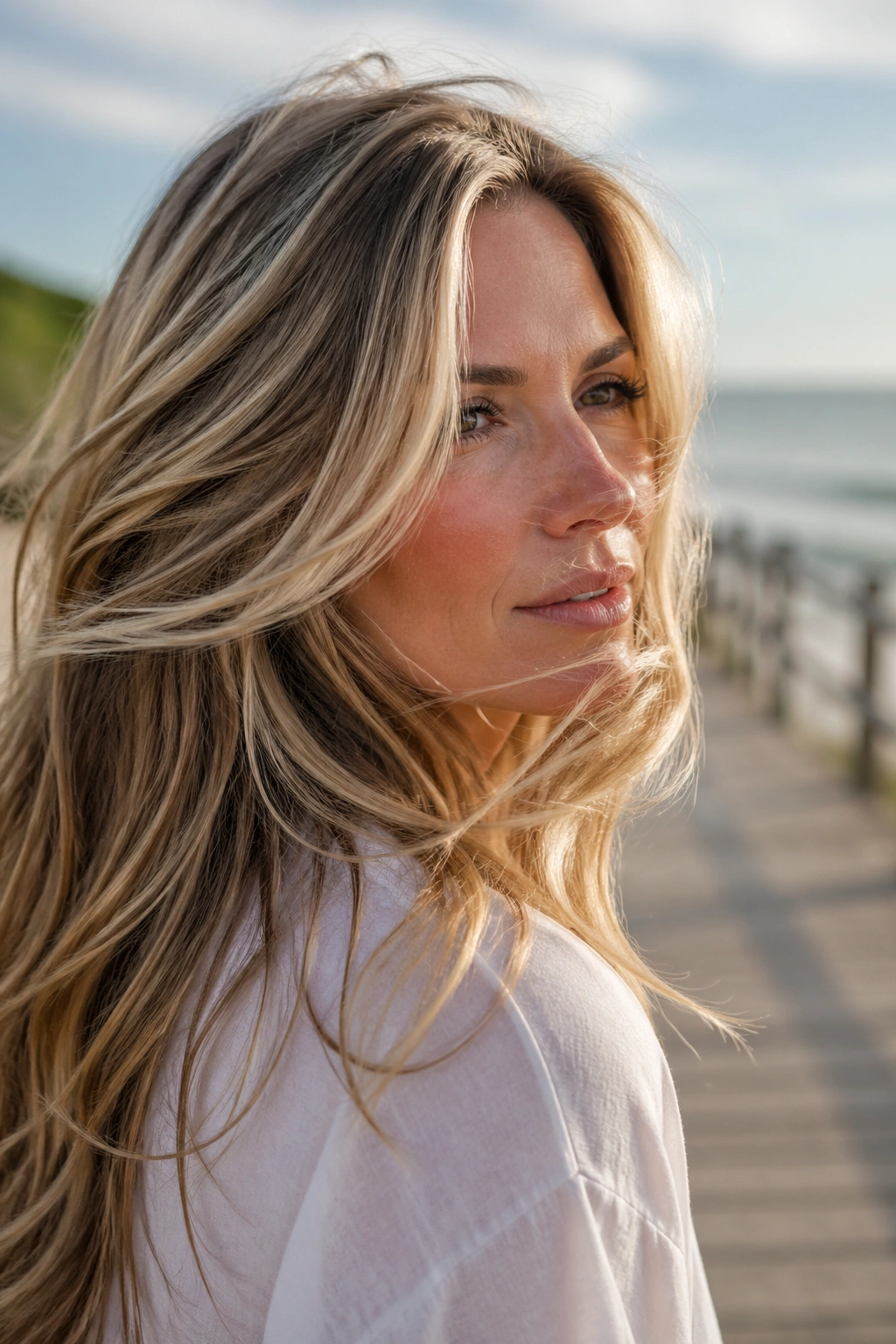 Close-up of a real woman with sandy blonde hair and mocha veils on a windy beach boardwalk