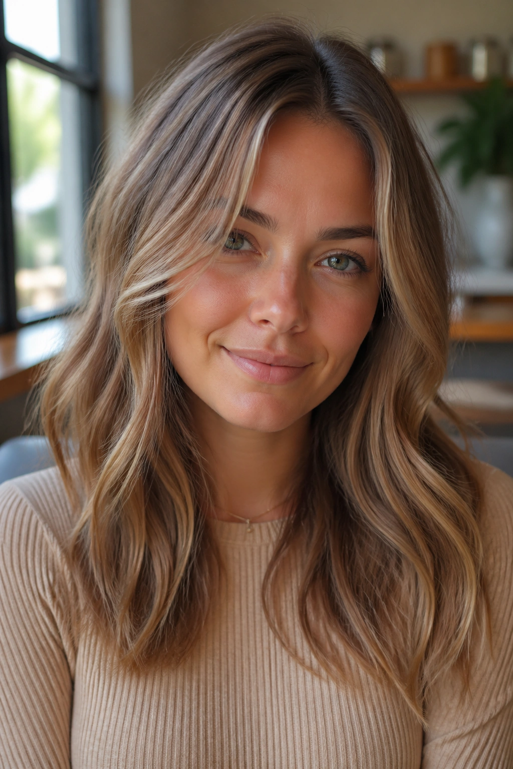 Close-up of Sandy Brown hair with airy beige-ash tones.