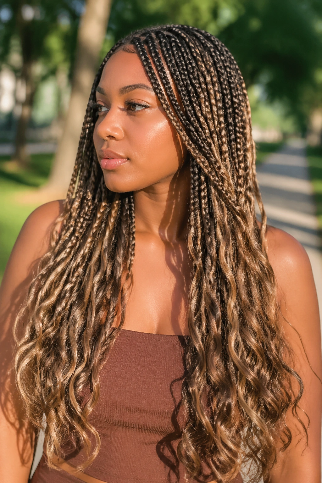 Close-up of a real woman with sandy brown ombré braids and loose wave ends in natural sunlight