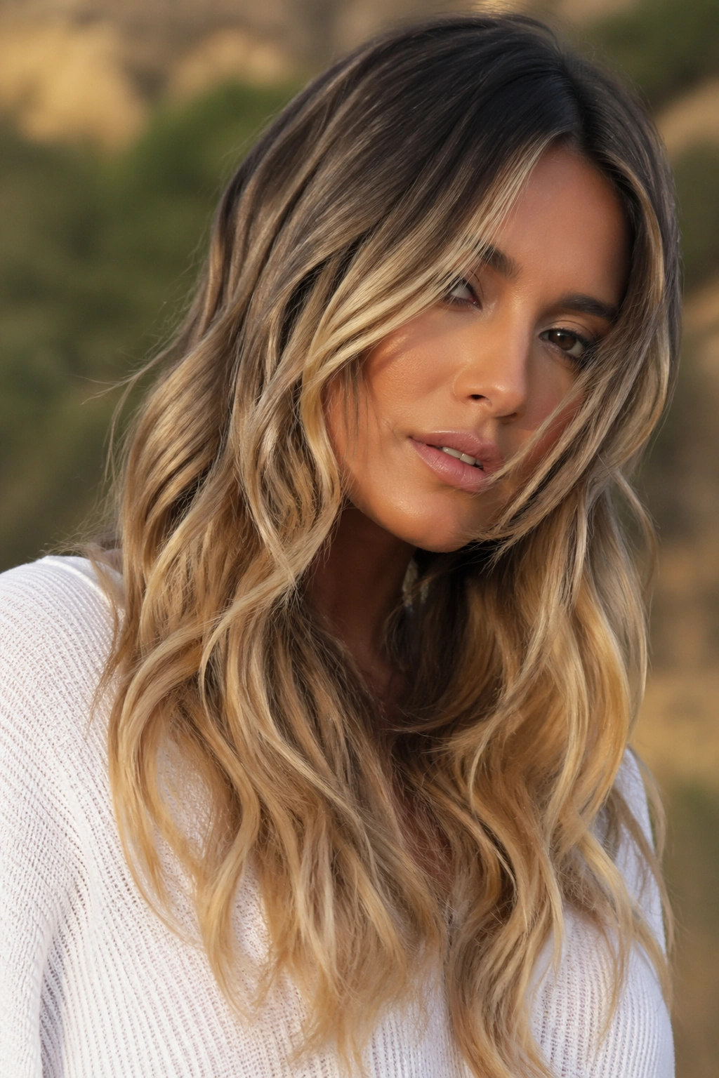 Close-up of sandy caramel ombré on a real person with soft transition from root to ends