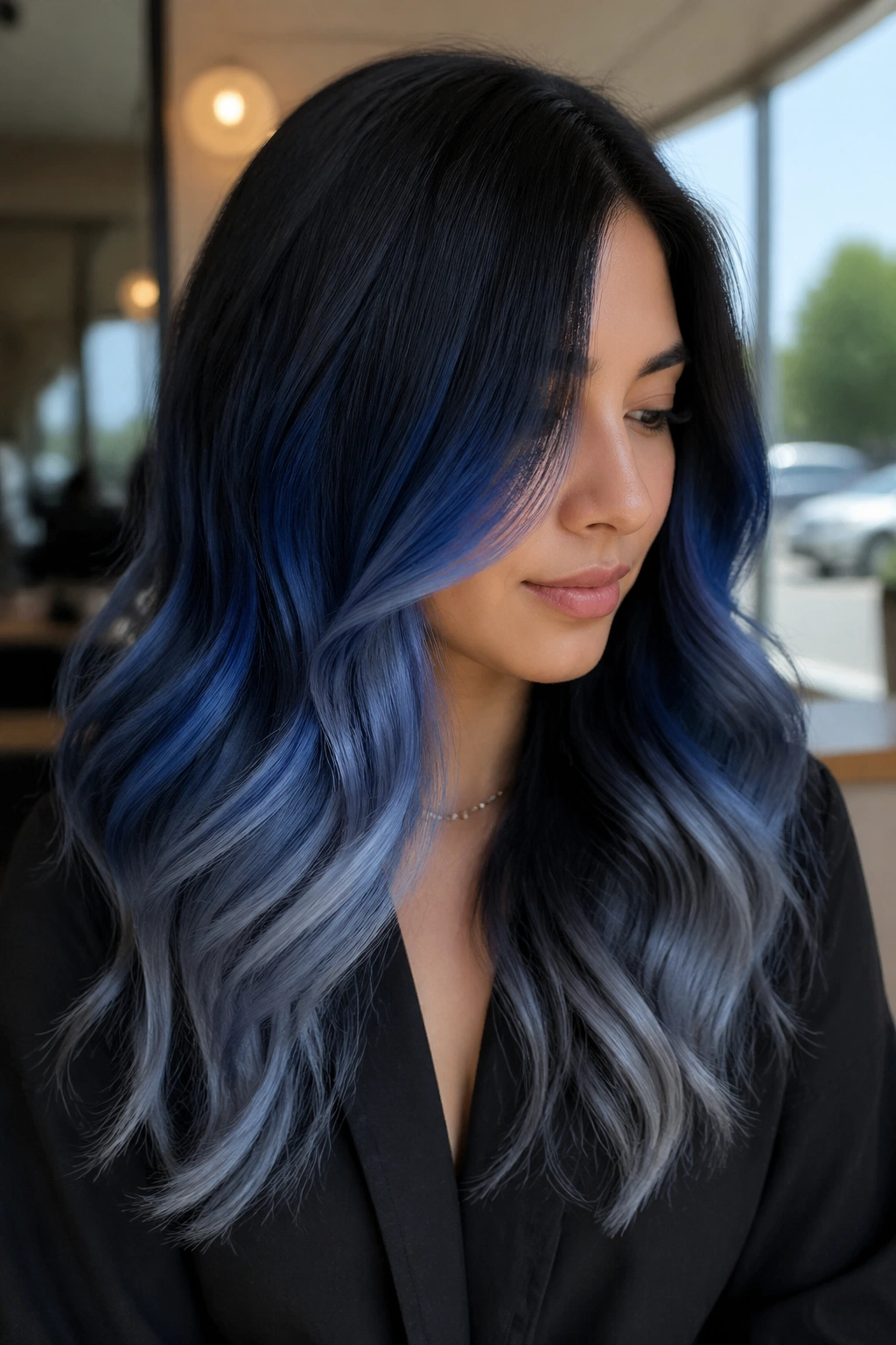 Portrait of a real person with sapphire smoke balayage and dark root.
