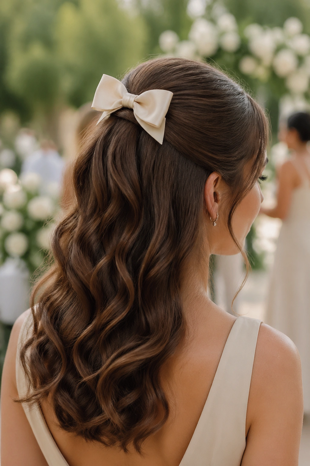 Half ponytail with satin bow in outdoor wedding setting