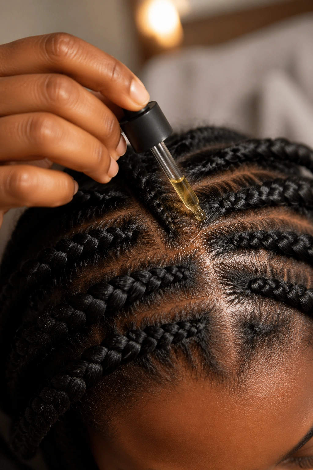 Macro close-up of scalp between braids receiving oil treatment