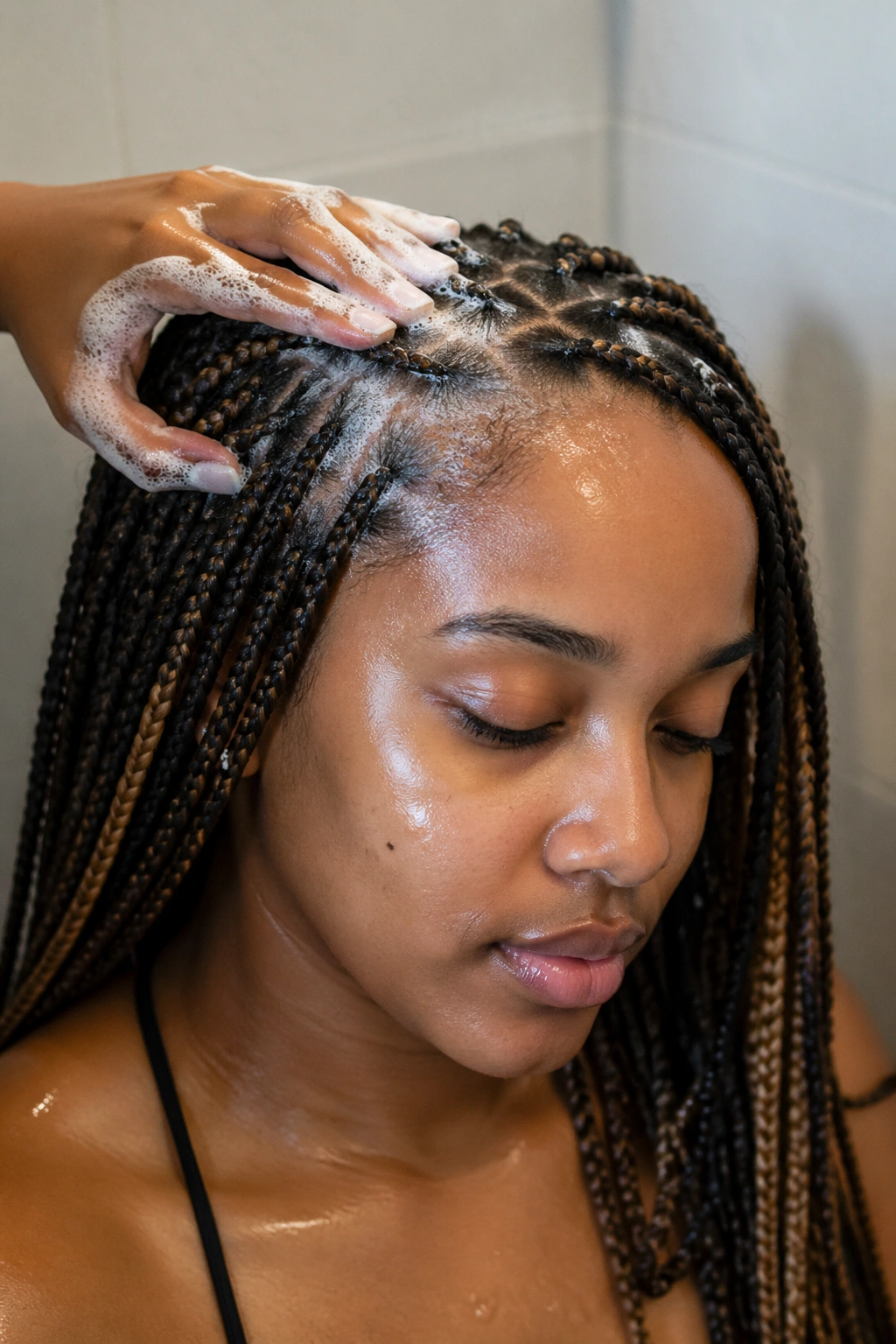 Close-up of a real woman with knotless box braids being cleansed at the scalp in a bathroom.