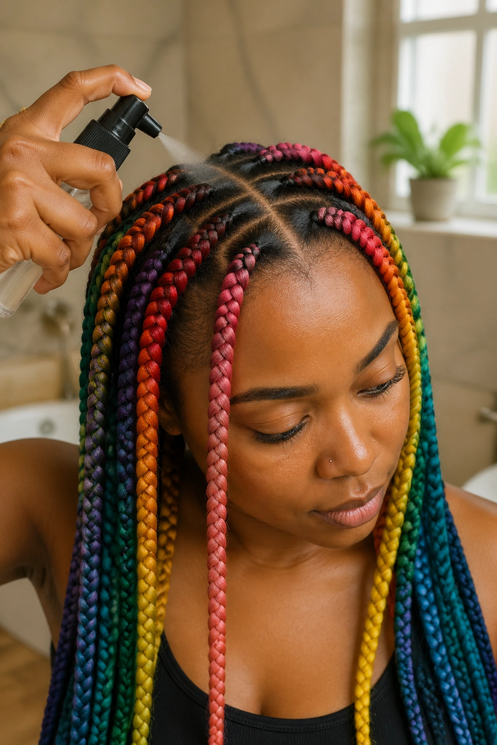 Close-up of scalp with rainbow jumbo box braids and spray at part lines