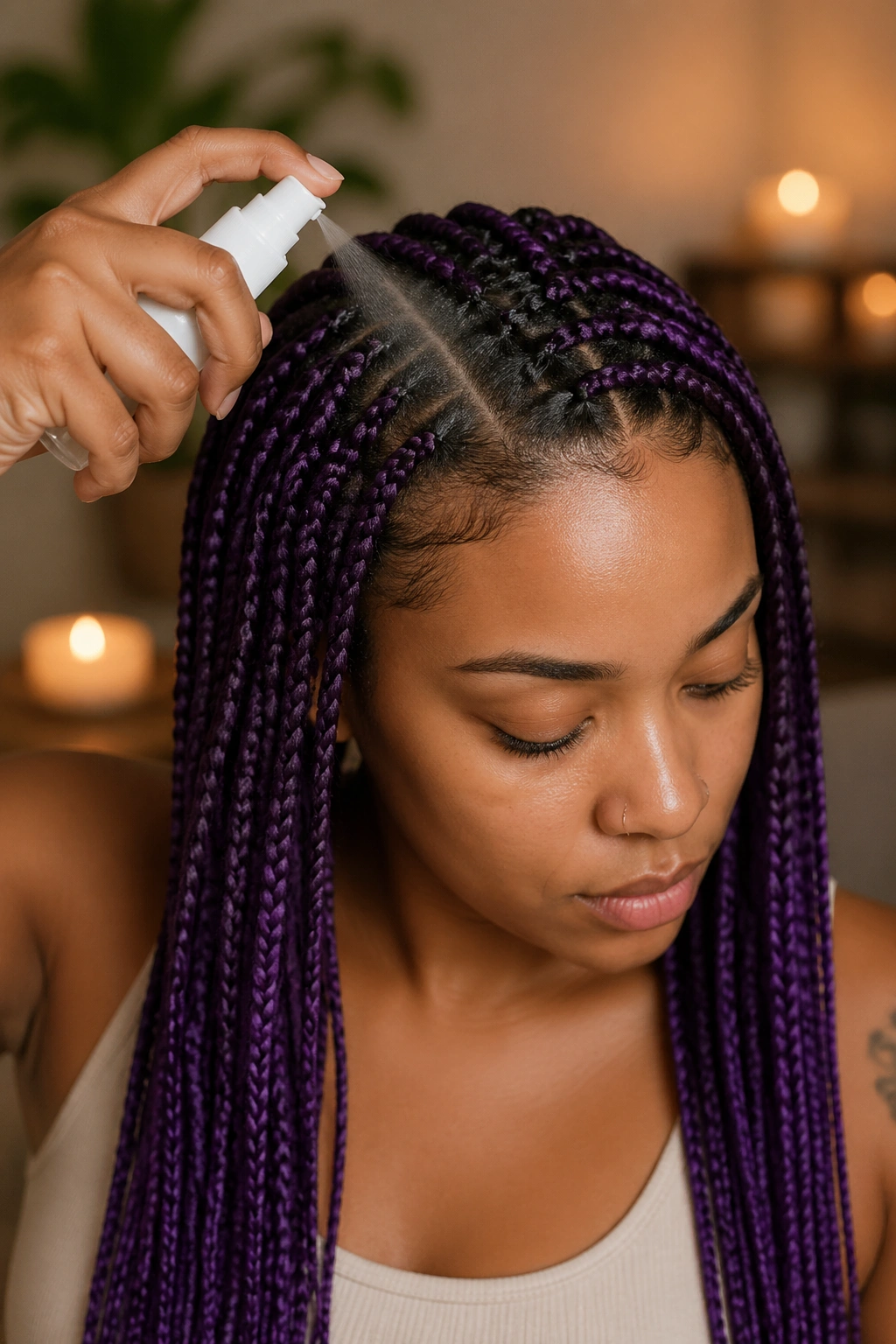 Close-up of scalp with purple braids and light scalp spray