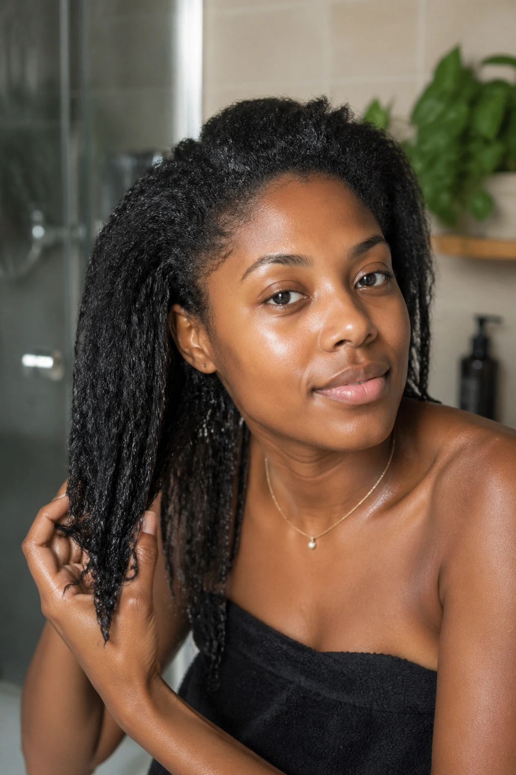 Real person with damp hair prepped for jumbo rainbow box braids in bathroom