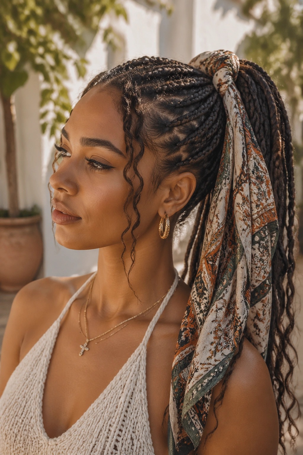 Real woman with scarf-tied boho ponytail in outdoor setting