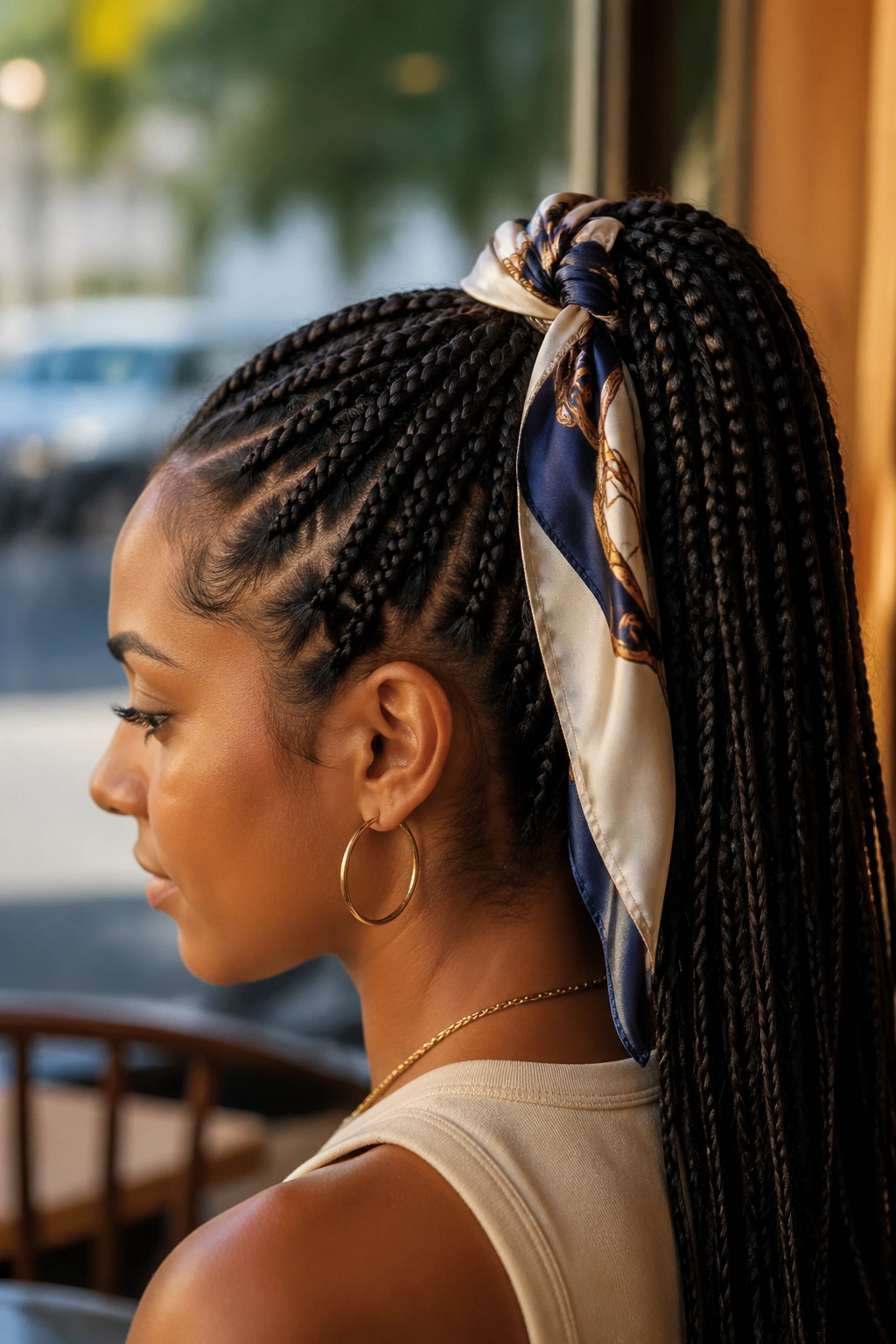 Close-up of a real woman with scarf-tied ponytail in a cafe setting