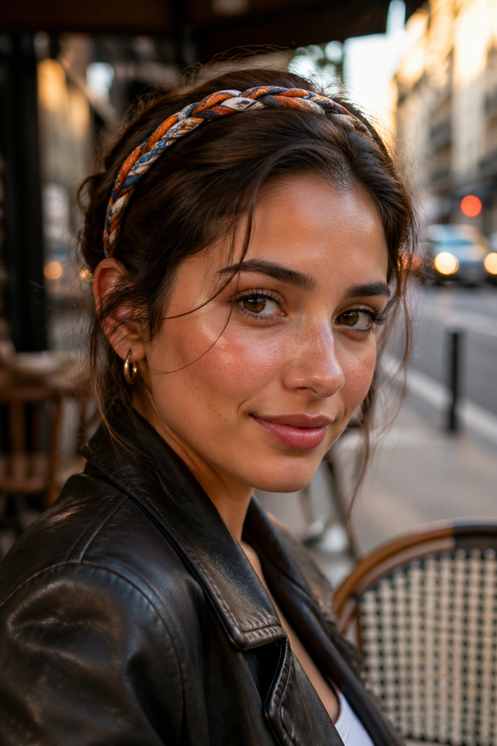 Close-up of a real woman with a scarf-woven braid headband across the forehead