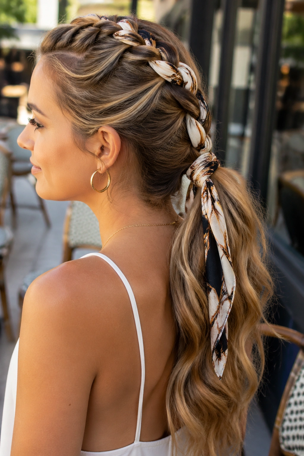 Close-up of real woman wearing a scarf woven into the braid ponytail