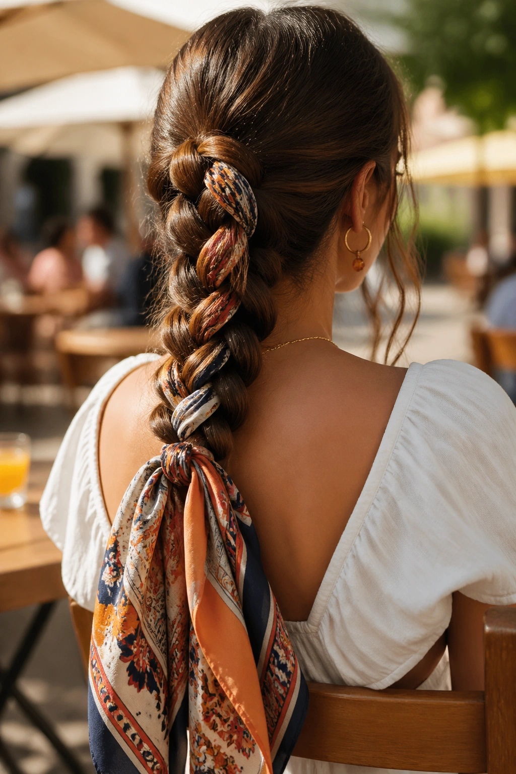 Close-up of scarf-woven snake braid ponytail on a real person outdoors