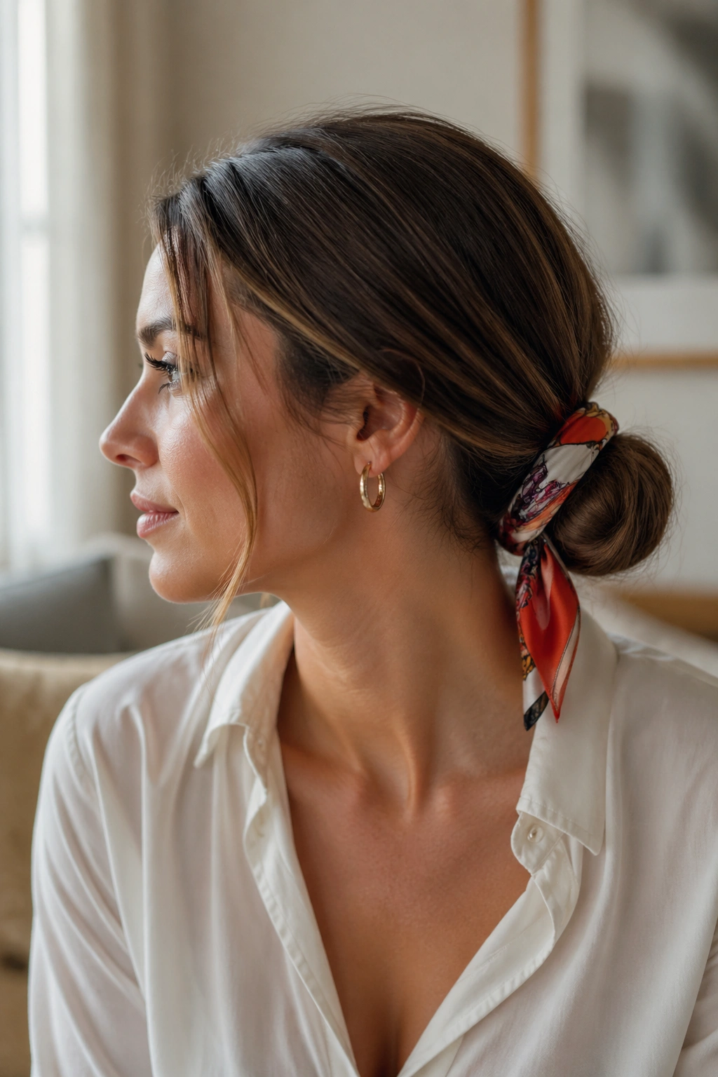 Side-profile of a woman with a scarf-wrapped bun