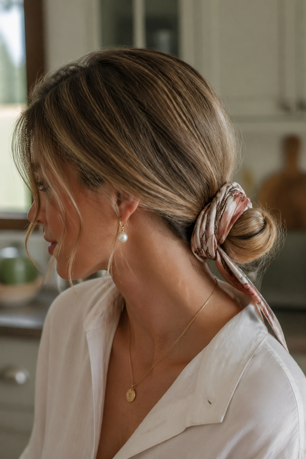 Close-up of a scarf-wrapped low bun on a real person in a kitchen light.