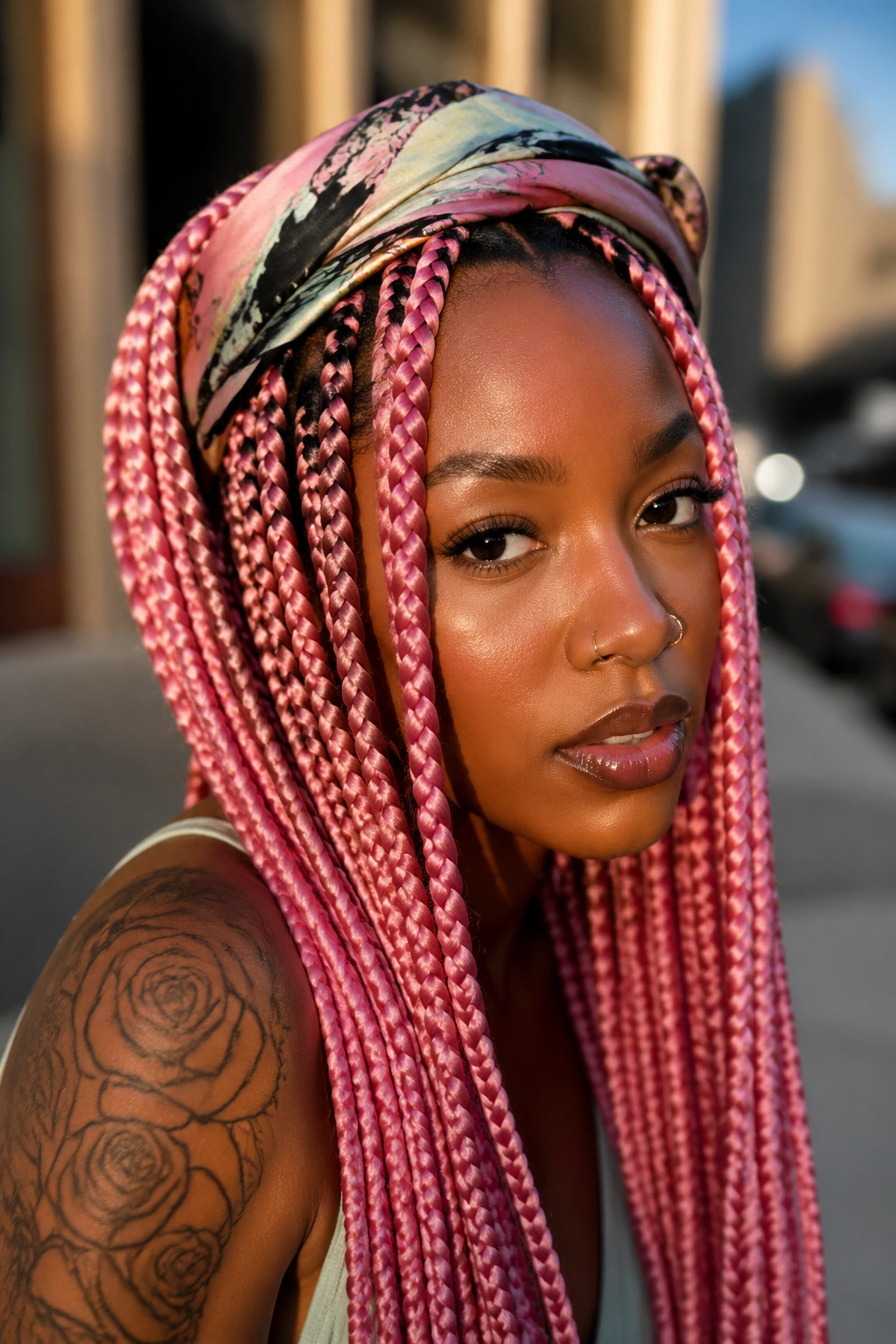 Close-up of real person with scarf-wrapped pink braids in outdoor urban setting