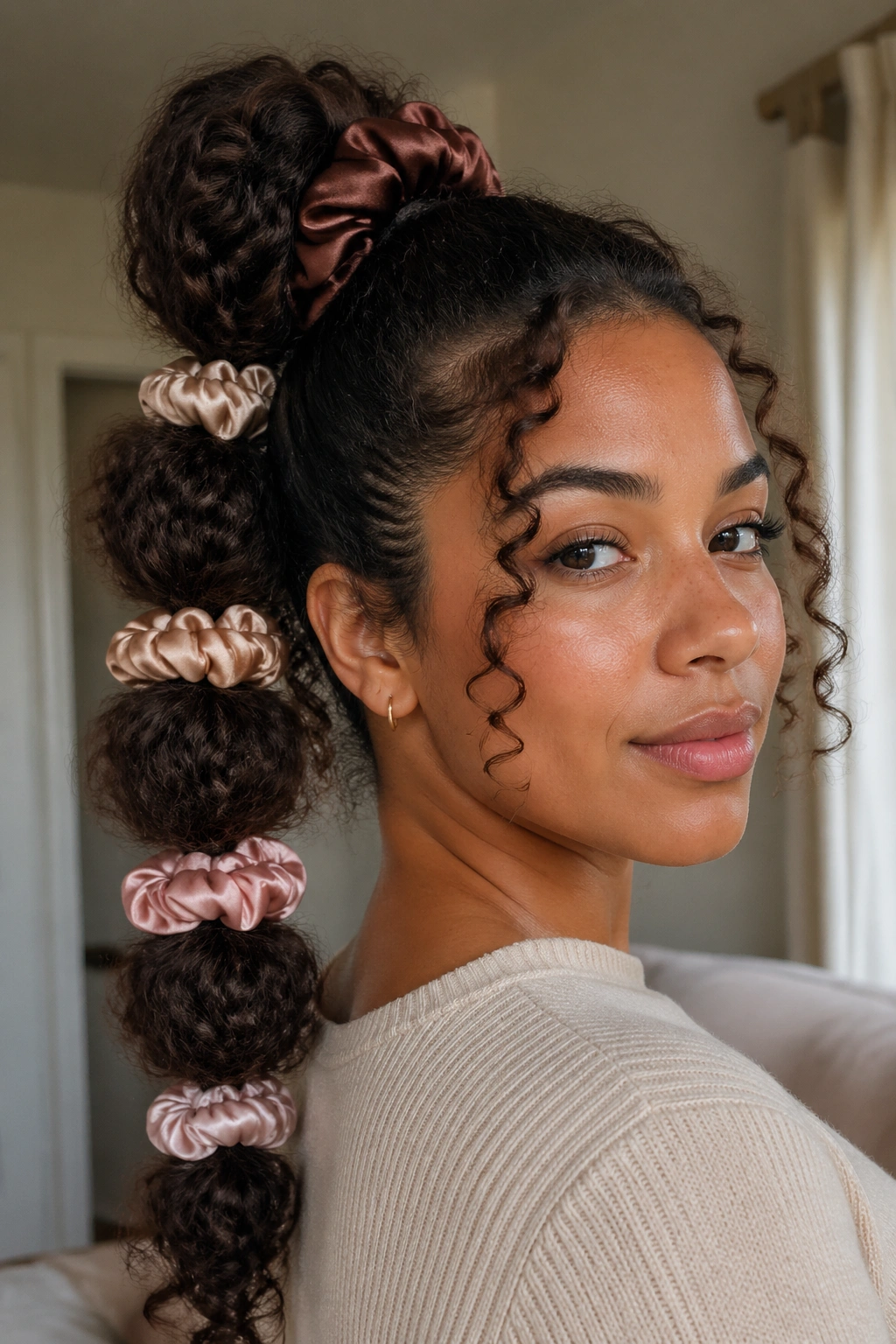 Real woman with bubble ponytail featuring stacked scrunchies against a soft window-lit backdrop
