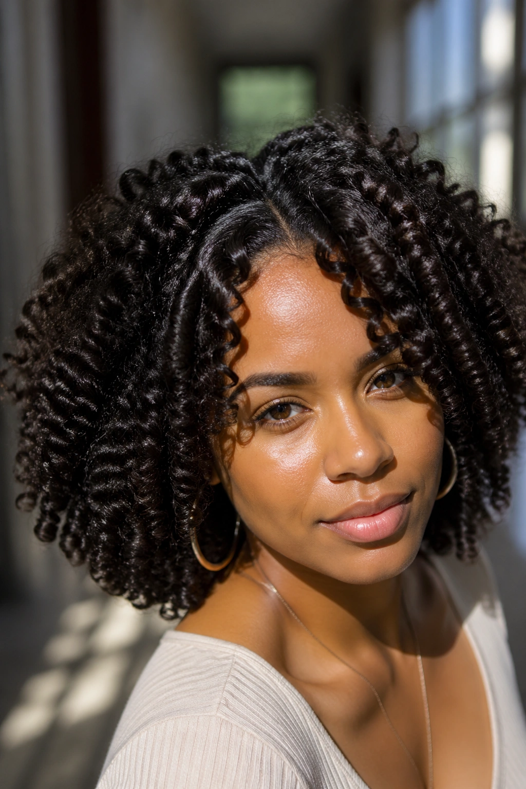 Real woman with second-day braid-out refreshed front waves