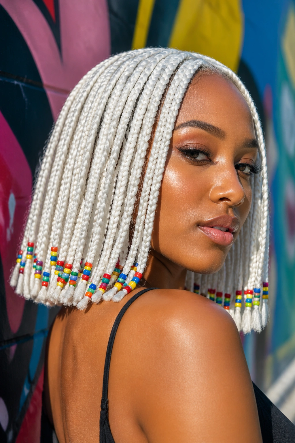 Close-up of a real woman with white box braids and colorful seed beads along the lower portion