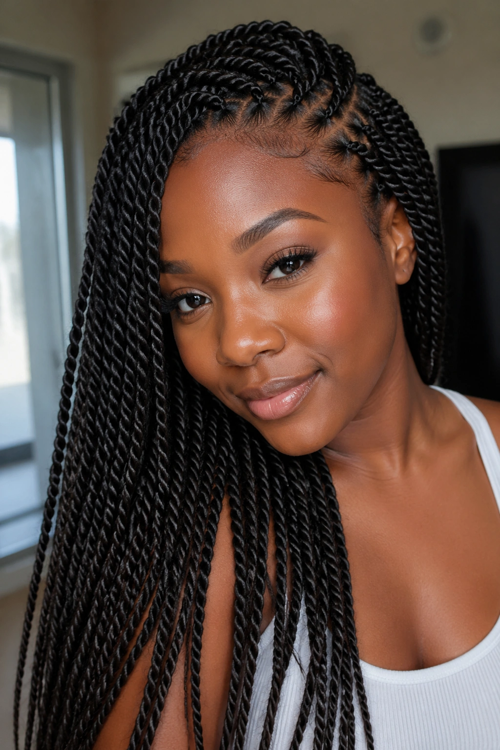 Close-up of a real person with Senegalese twist crochet braids