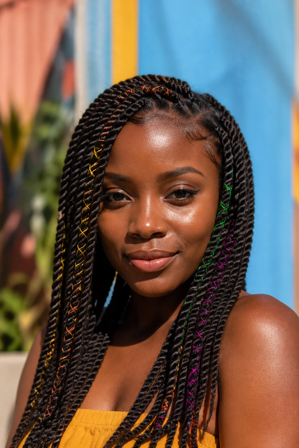 Close-up portrait of a real person with Senegalese twists wrapped in colorful thread.