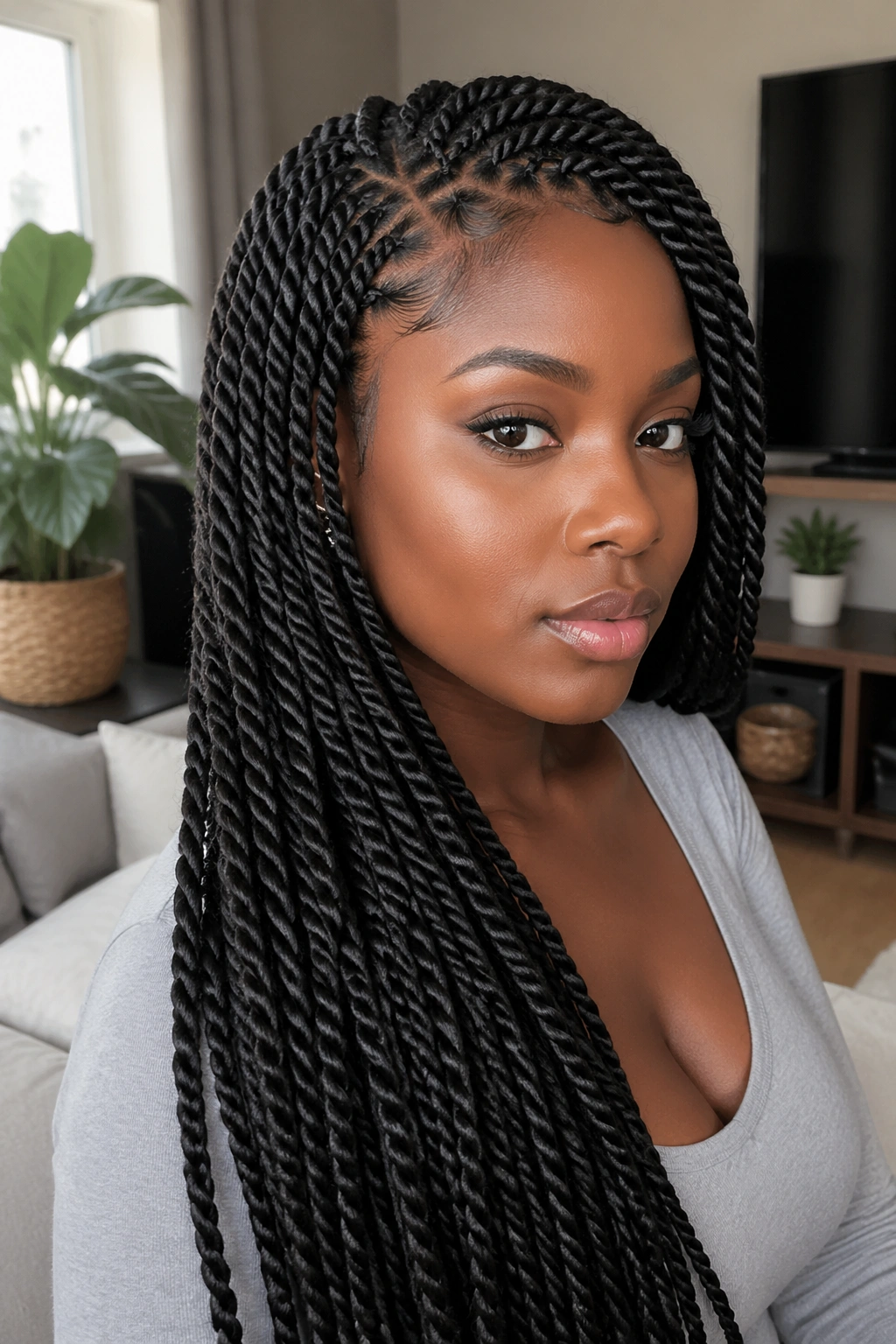 Real person wearing Senegalese twists with a sleek surface in a bright living room
