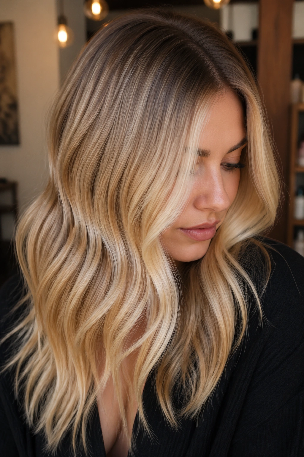 Close-up of shadow-root blonde melt on a real person with gradient root to ends