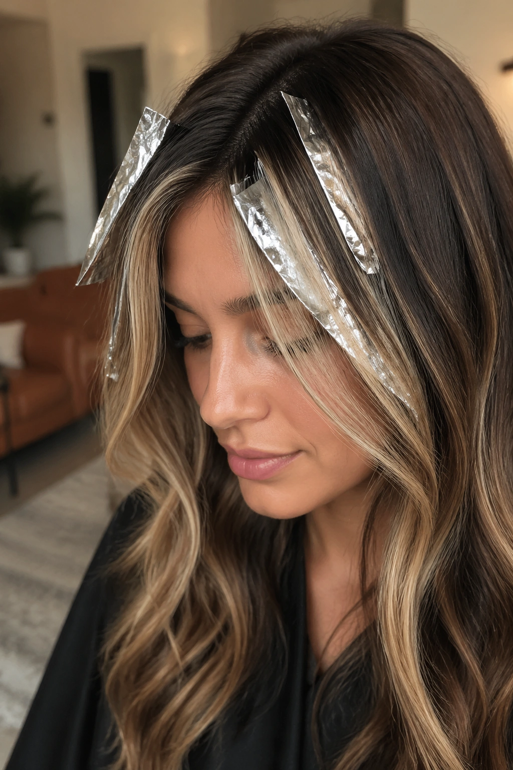 Close-up of money piece on a real person's front hairline with shadow root