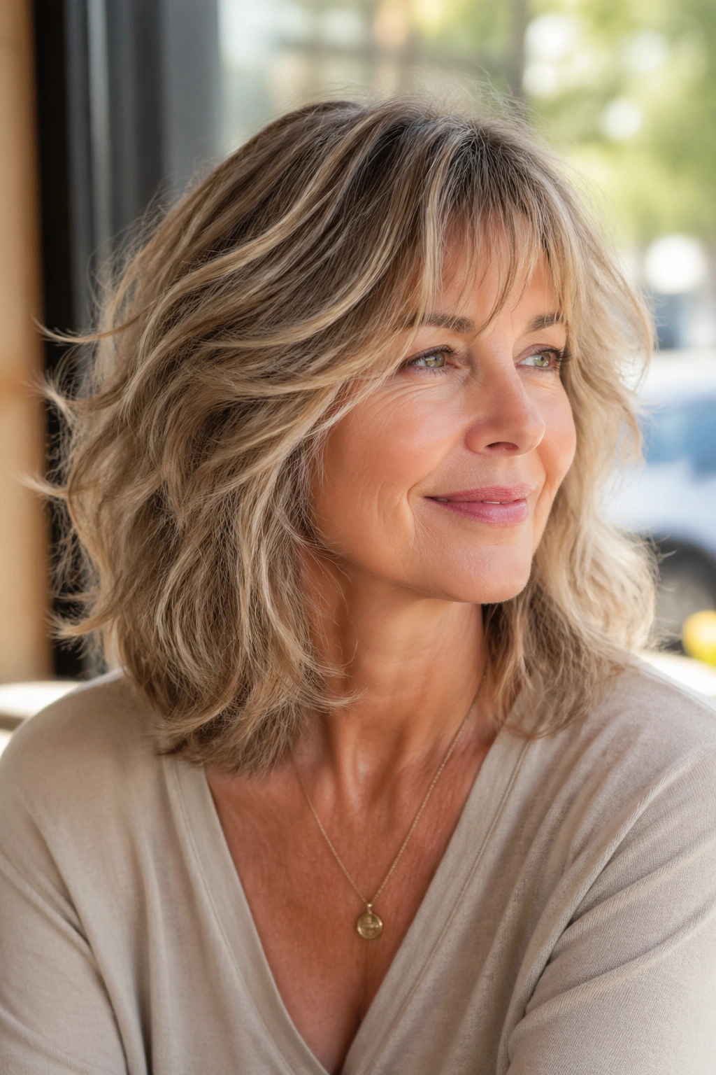Real woman with shoulder-length shag and airy layers photographed in a sunlit cafe window seat.