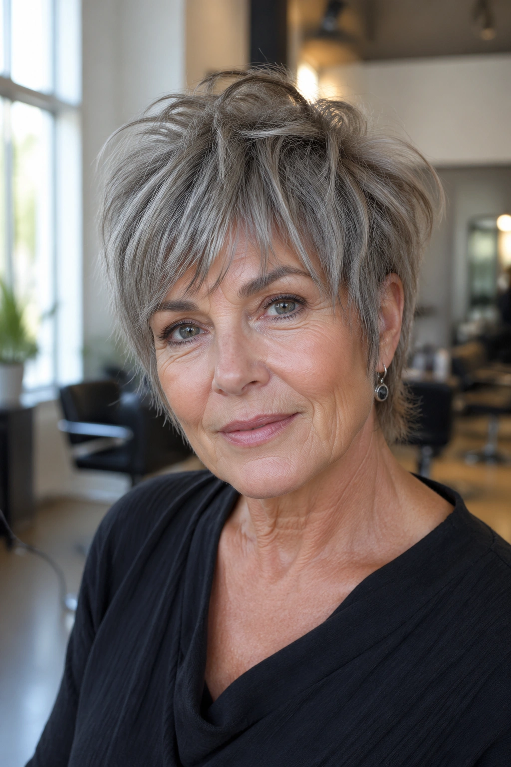 Close-up of real woman with choppy crop shag hairstyle