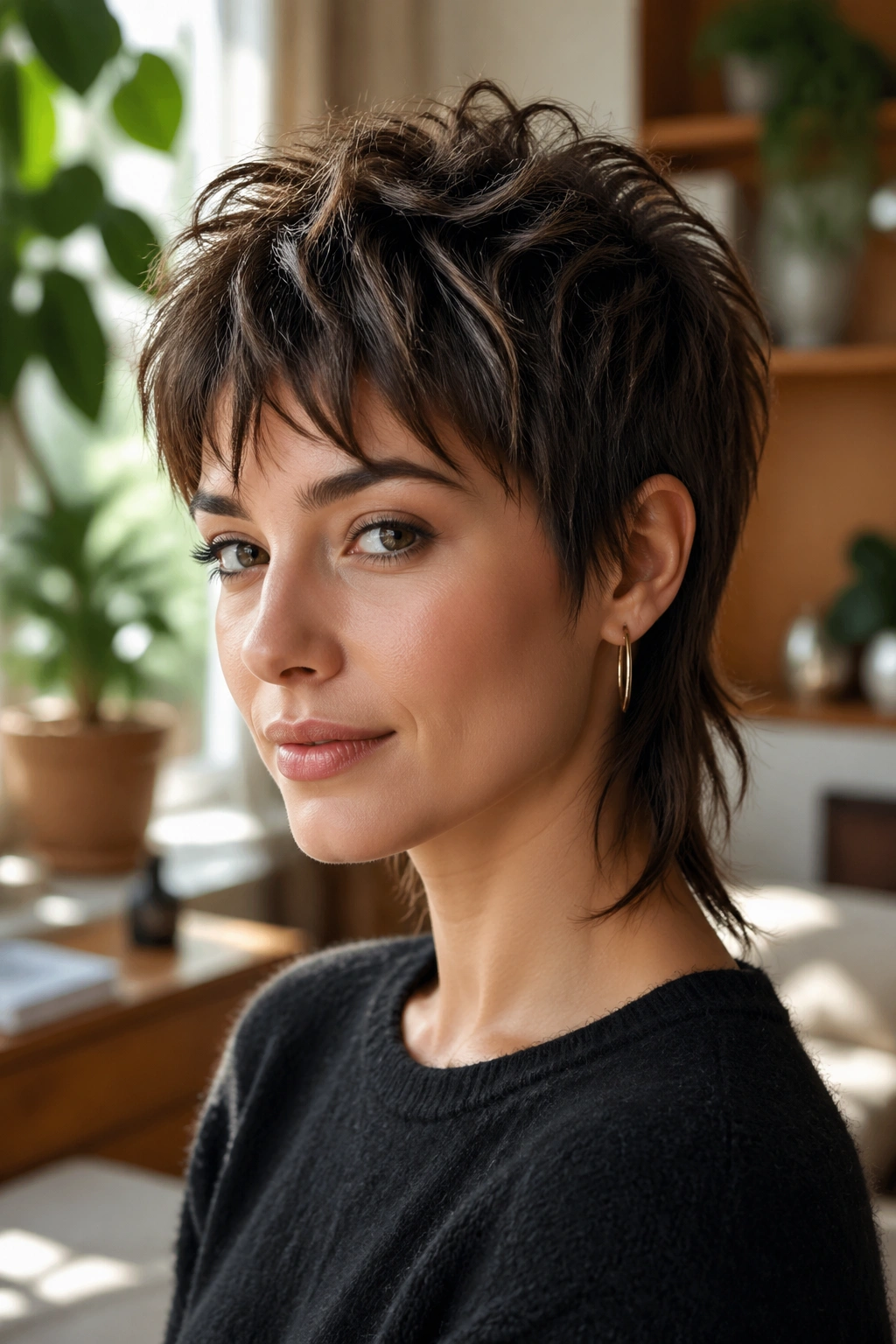 Close-up of real woman with shag-heavy crown pixie mullet showing voluminous crown