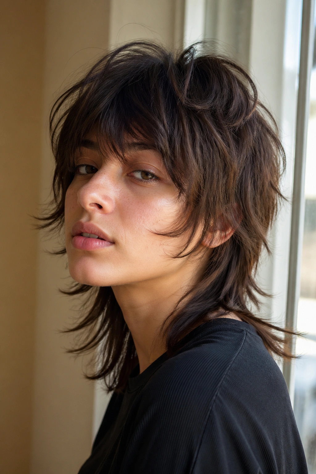 Close-up portrait of a real person with a soft wolfish shag mullet under warm window light