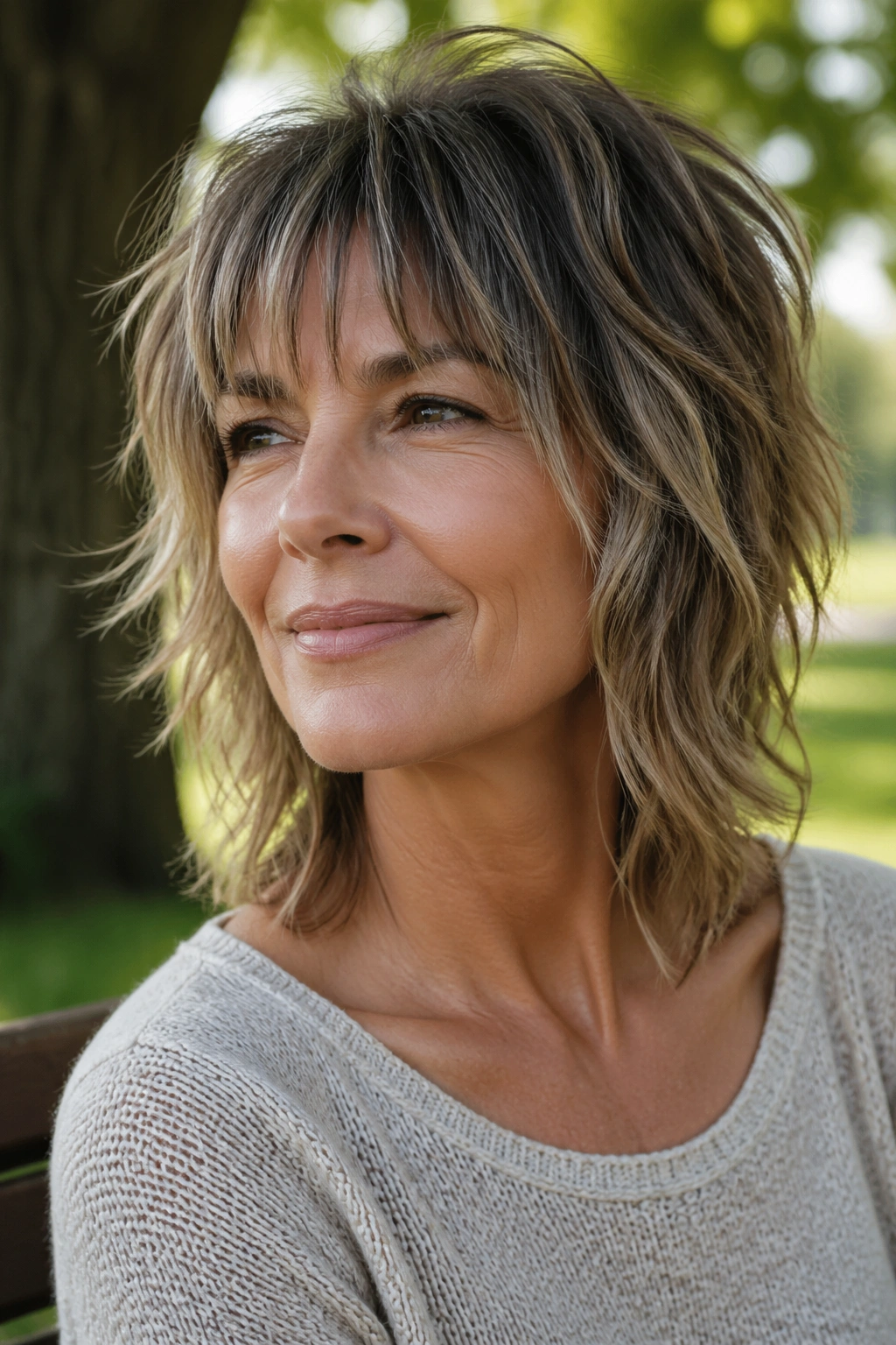 Close-up of a real woman with a shag haircut and piecey bangs